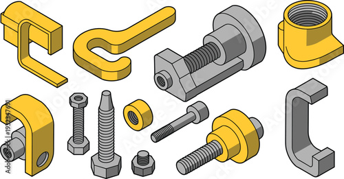 Isometric industrial hardware components, metal clamps bolts and threaded fasteners, mechanical engineering parts, technical illustration, isolated on white background