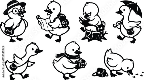 Minimalist black and white vector art close up set of seven playful ducklings in travel poses holding map camera umbrella and satchel walking studying and peeking