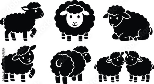 Flat design vector sheep icons set showing six black sheep silhouettes in playful poses facing forward and sideways close up simple shapes bold outline friendly mood