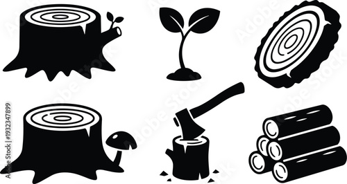 Minimalist black and white vector close up of tree stump with sapling and mushroom beside stacked logs and axe embedded in cut stump icon flat style