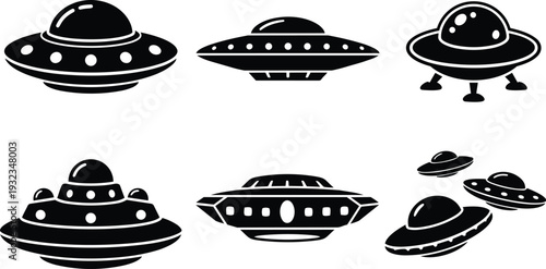 Minimalist vector art top view and three quarter view flying saucer ufo icons set with close up details landing gear and circular window highlights black silhouettes