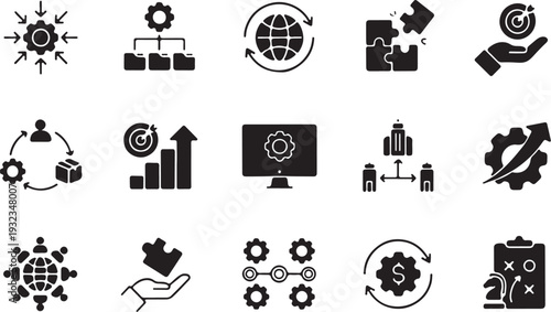 Business process management icons set, strategy, workflow, analytics, growth, planning, teamwork, global network, development silhouette vector

