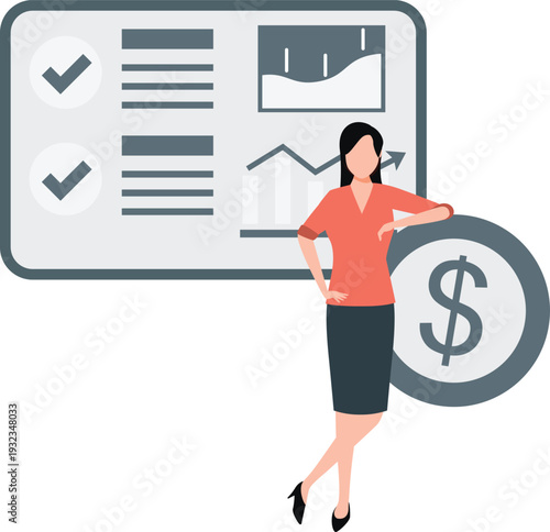 The girl is standing near dollar coin