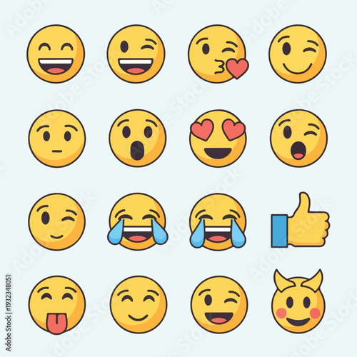 A collection of various yellow round facial expressions