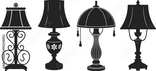 Vintage ornate table lamp silhouettes collection, classic decorative lighting fixtures vector set isolated for elegant interior home decor