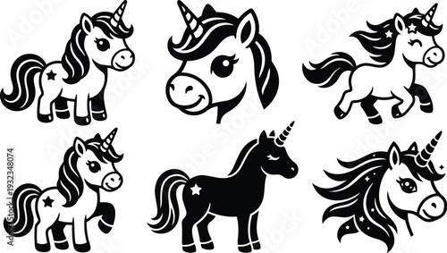 Cute black and white vector unicorn icons showing smiling head and full body poses galloping trotting head profile with flowing mane star decal cartoon style playful