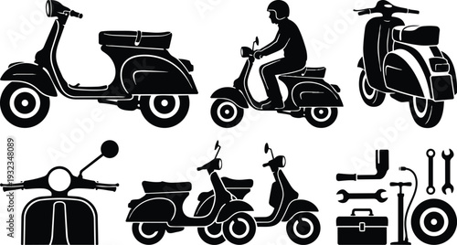 Retro scooter vector art side and three quarter views with rider close up front view repair tools toolbox wrench pump black silhouette minimal flat design illustration