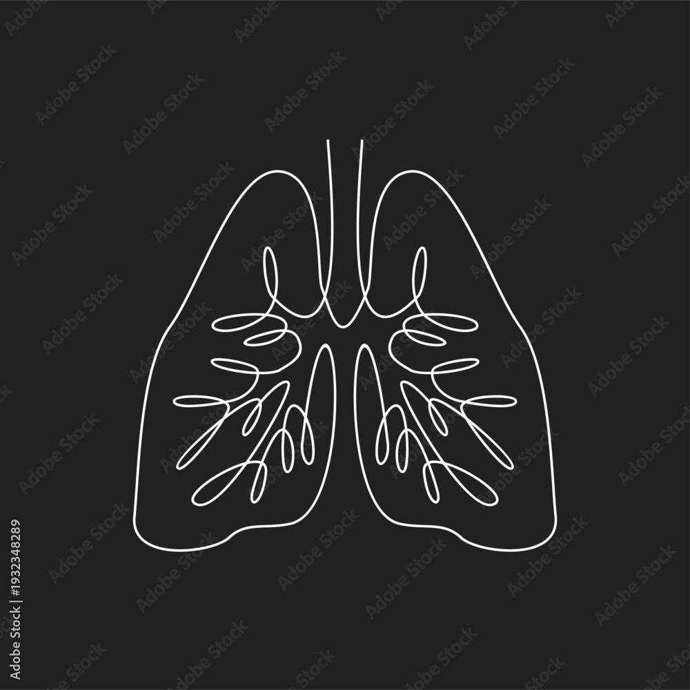 Naklejka premium Minimalist Continuous Line Art Illustration of Human Lungs on a Black Background, Symbolizing Respiratory Health