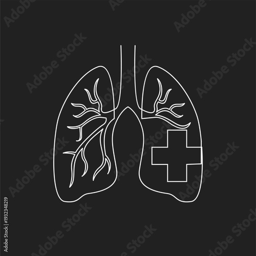 Line Art Illustration of Human Lungs with Medical Cross Symbol, Representing Respiratory Health and Care