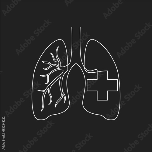 Minimalist Line Art Illustration of Human Lungs with Bronchial Tree and Medical Cross for Respiratory Health