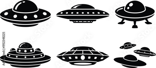 Flat vector space craft icons set six flying saucer ufo silhouettes top view side view trio formation simple black and white minimalist isolated svg png mockup