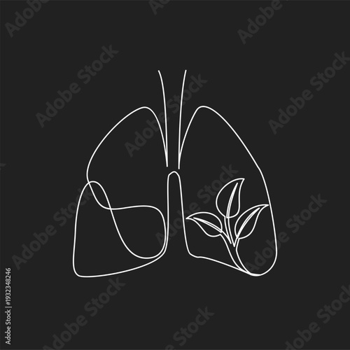 Human Lungs with Growing Plant Line Art on Black Background