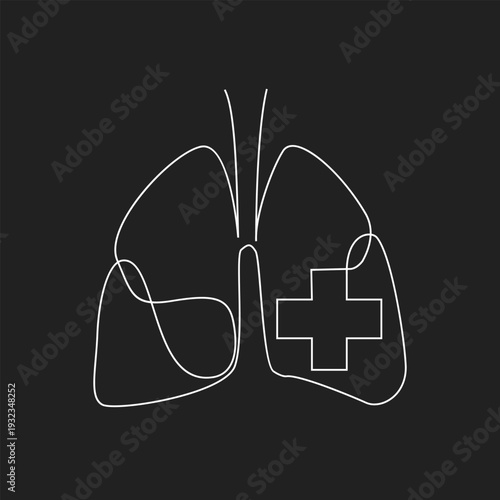 Continuous Line Art of Lungs with Medical Cross Symbol for Respiratory Health and Treatment