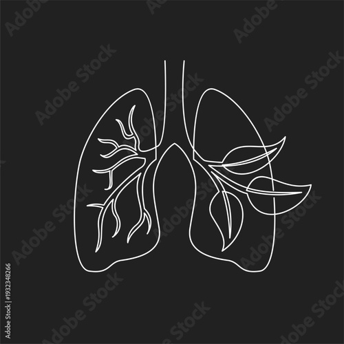 Human Lungs with Leaves in Minimalist Continuous Line Art for Environmental Health Concept