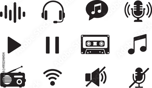 Music and sound icons set, audio playback, microphone, speaker, radio, playlist, mute, headphones, recording silhouette vector

