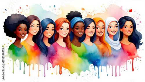 Women Empowerment Watercolor Illustration with Diverse Female Group