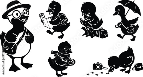 Minimalist vector art duck characters in travel poses reading map taking photos with umbrella and satchel arranged in black silhouette sheet flat icons view
