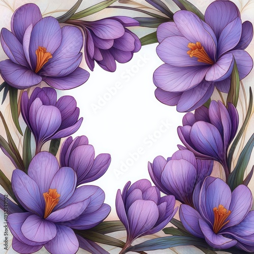 Elegant purple crocus flowers and green leaves forming a delicate botanical frame around a blank white center, serene and uplifting