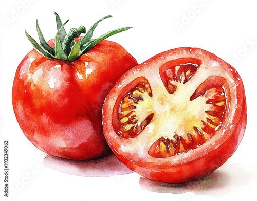Wallpaper Mural bright watercolor half tomato on white background with visible seeds, juicy texture and soft shadow conveying fresh vibrant mood Torontodigital.ca