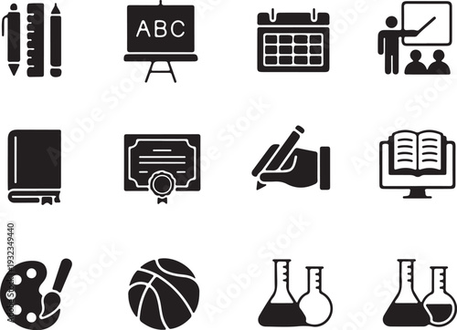 Education and learning icons set, school subjects, teaching, science, art, certificate, classroom, study, writing, book silhouette vector

