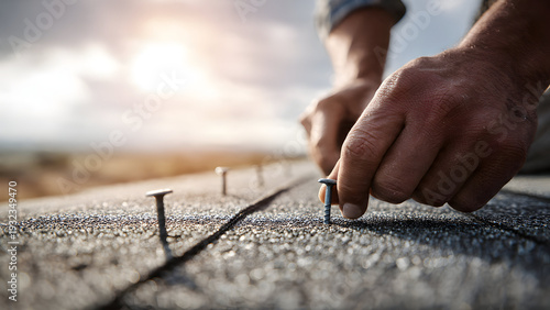Ultra-realistic mixed-material roof storm inspection clarifying asphalt shingle-only damage scope versus unaffected metal porch roofing