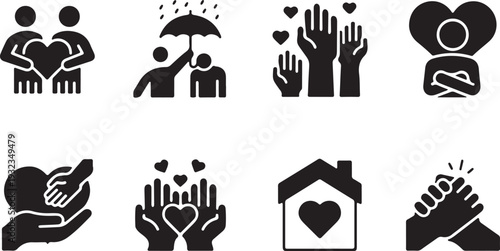 Charity and volunteering icons set, donation, helping hand, kindness, support, love, community, care, humanity silhouette vector


