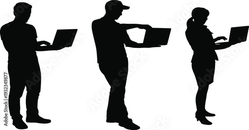 People using laptop silhouettes collection set, male and female professionals working on portable computers online