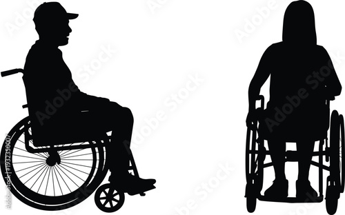 Man and woman in wheelchair silhouettes collection set, disabled people accessibility and medical healthcare inclusion concepts