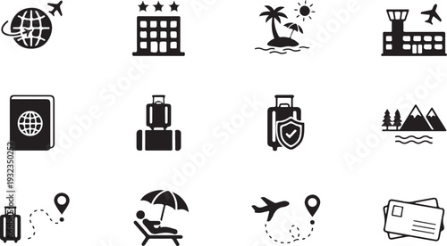 Travel and tourism icons set, vacation, airport, luggage, passport, beach, hotel, destination, adventure, flight silhouette vector

