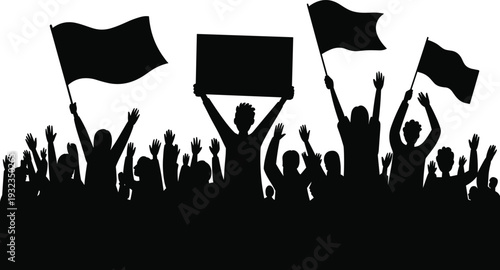 Crowd of people silhouettes holding flags and signs, public protest and demonstration, political rally celebration event