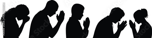 Diverse people praying and bowing silhouettes collection set, religious spiritual worship gestures, male and female figures in meditation poses