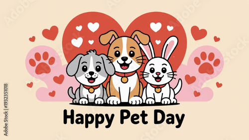 Friendly dog cat and rabbit cartoon pets celebrate happy pet day with hearts