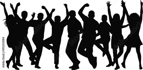 Happy group of friends jumping and cheering silhouettes collection, people celebrating success, unity and togetherness concept