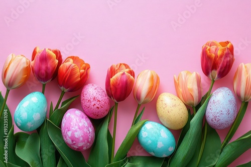 cheerful spring still life of orange and pink tulips with green leaves and pastel speckled eggs on a pink background