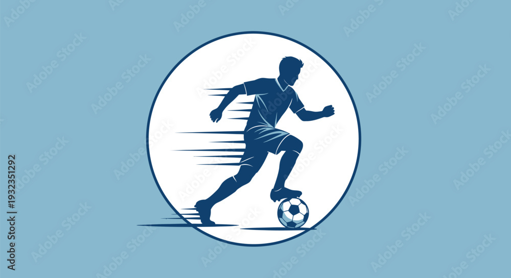 Obraz premium Stylized blue silhouette of a fast soccer player dribbling a ball forward inside a clean circular emblem design