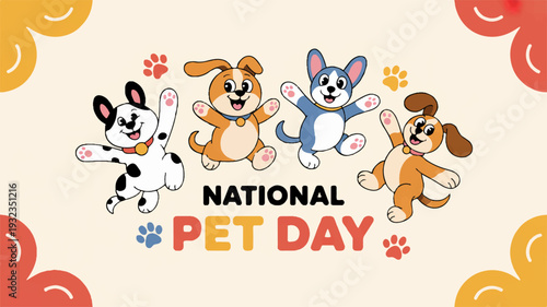 Colorful cartoon dogs and cats celebrating national pet day with playful jumping and happy expressions on a beige background with paw prints and swirls