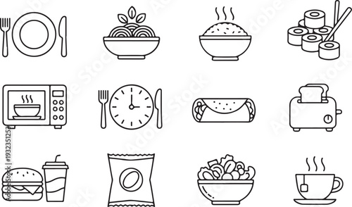 Food and meal icons set, breakfast, lunch, dinner, snacks, fast food, cooking, drink, restaurant Outline illustration 

