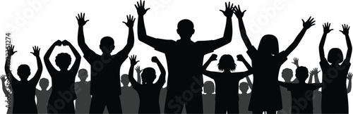 Happy crowd of people silhouettes with raised hands, cheering audience celebrating success and unity concepts