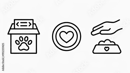 Pet adoption and care icons with paw print heart and food bowl symbolizing love and nurturing for animals in need