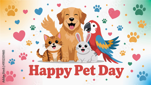 Happy pet day illustration with dog cat rabbit parrot and colorful hearts paw prints