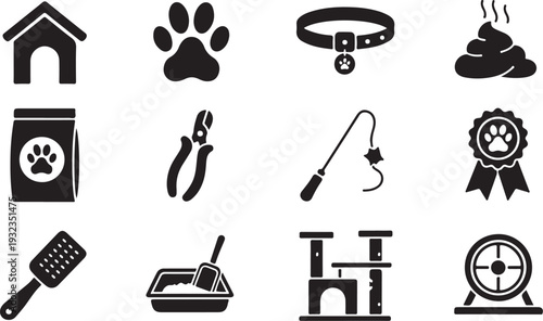 Pet care and accessories icons set, animal grooming, toys, food, collar, litter box, paw silhouette vector

