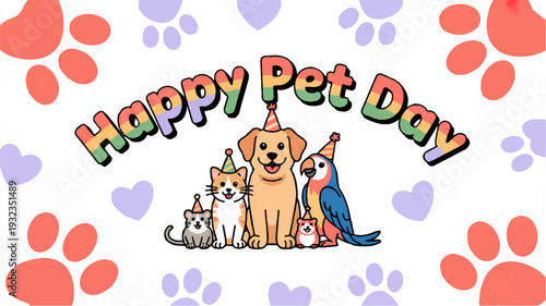 Happy pet day celebration with dog cat and bird friends wearing party hats surrounded by colorful paw prints and hearts on white background