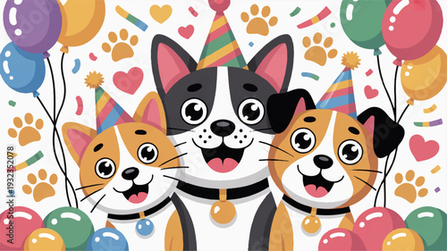 Three happy dogs and cats wearing party hats surrounded by colorful balloons and confetti on white background