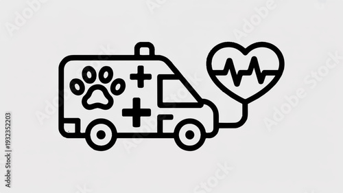 Veterinary ambulance with heart rate symbol and paw print driving to save animals in emergency