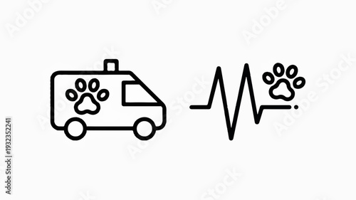 Pet ambulance service icon with paw print and heartbeat line on white background for animal rescue and veterinary care concepts