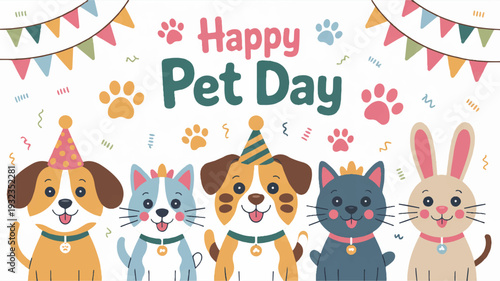 Colorful pets celebrate happy pet day with party hats and decorations