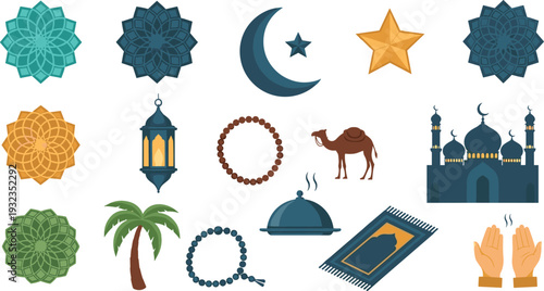 PrintIslamic Ramadan Kareem vector illustration set with crescent moon, lantern, mosque, camel, prayer mat and traditional religious symbols isolated on white background