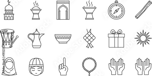 Islamic Ramadan line icon set featuring mosque incense burner prayer hands tasbih drum gift box and traditional Muslim religious symbols isolated on white background