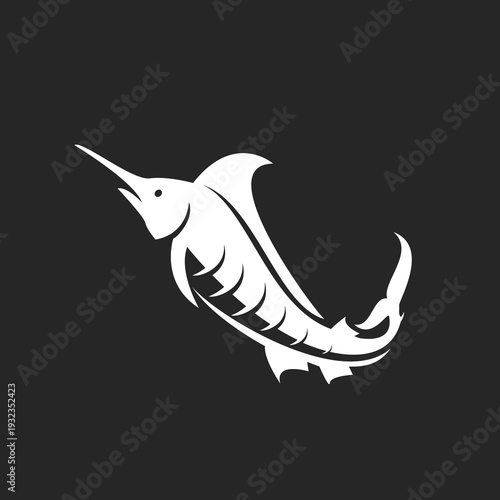 Stylized White Marlin Swordfish Silhouette Icon on Dark Background Vector Illustration
