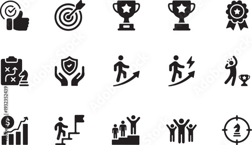 Business success and achievement icons set, goal, trophy, leadership, teamwork, motivation, progress, award, winner silhouette vector

